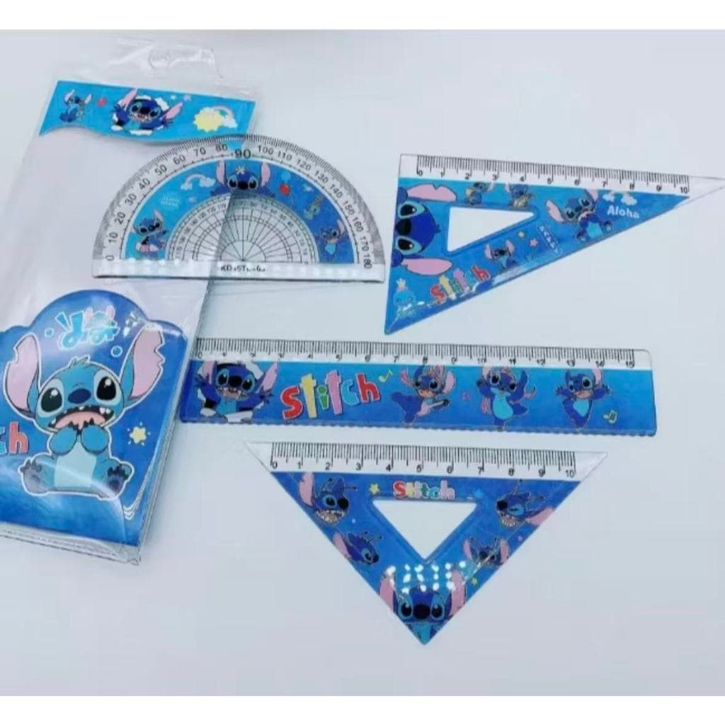 Kit de Régua Stitch 4 Pcs - Conjunto de Papelaria Kawaii com Esquadro e Transferidor - Brinde Escolar Lilo & Stitch