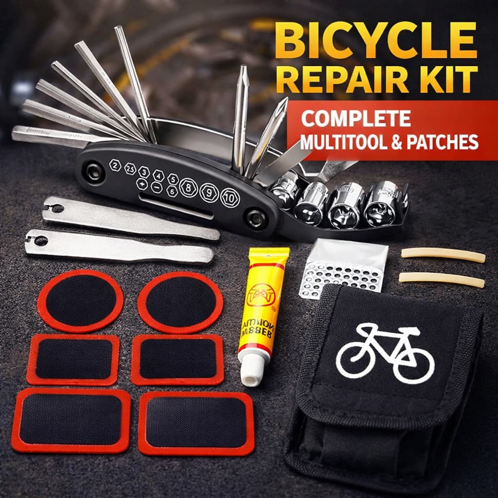 Kit Reparo Pneu Bike Com Chave Allen Multiferramenta E Remendo Bicicleta Completo