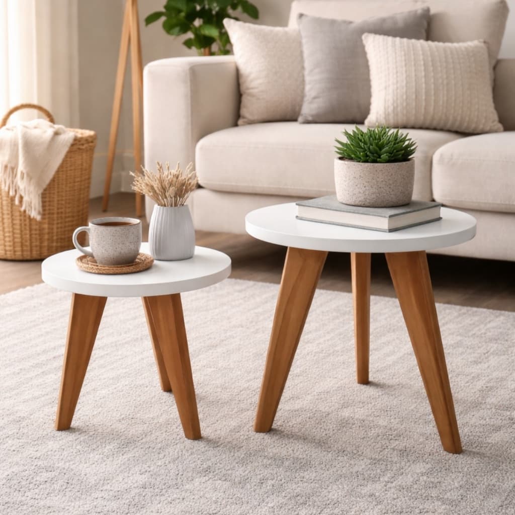 Conjunto 2 Mesinhas de Canto Apoio Lateral Pé Palito Madeira Tripé Estilo Retrô Vintege MDF Branco..