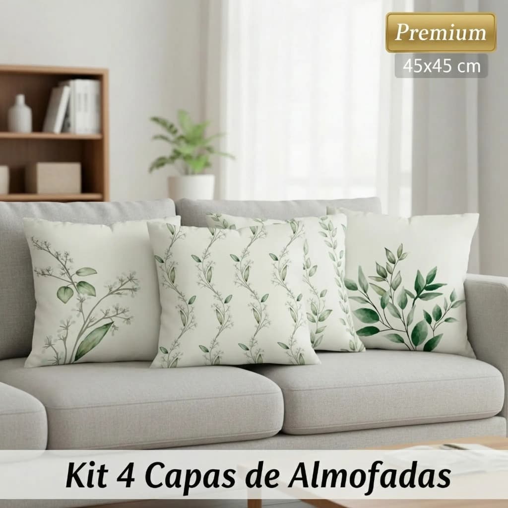 KIT 04 CAPAS PARA ALMOFADA 45X45 FLORES VERDES & CASA DECORAÇÃO