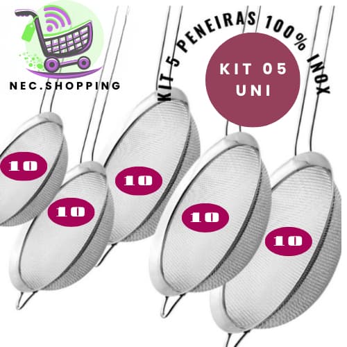 Kit 05, 03. Peneira 10 CM 100% Inox Sucos Farinhas Tapioca Bebidas Prático  Casa Cozinha Restaurante Barman Qualidade