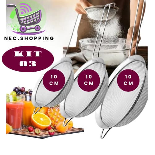 Kit 03. Peneira 10 CM 100% Inox Sucos Farinhas Tapioca Bebidas Prático  Casa Cozinha Restaurante Barman Qualidade