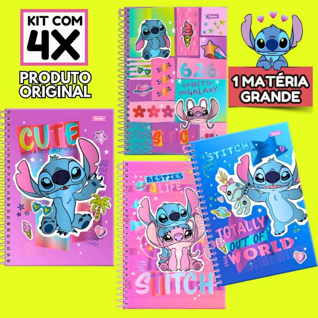 Kit c/4 Caderno STITCH Disney A4 GRANDE 1 materia Capa Dura Brilhante 80fls Original 2026 - Foroni