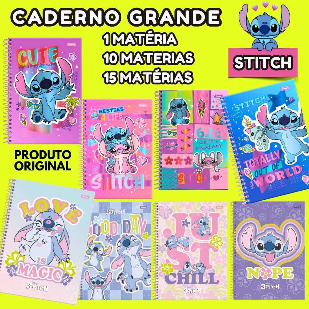 Caderno STITCH Disney Grande 1 ou 10 ou 15 Materias Capa Dura Brilhante até 240fls Original - Foroni