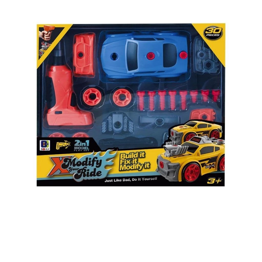 Kit Mini Mecânico Custom Car com Carrinho de Montar com Chave Elétrica Didático
