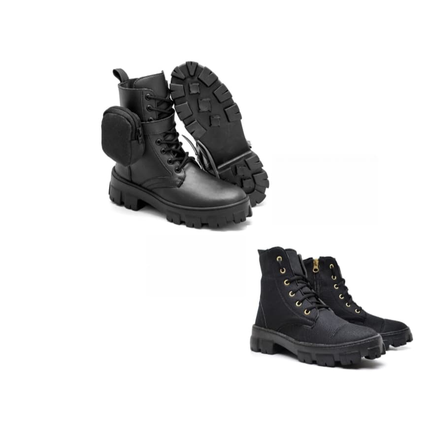 Bota coturno feminina preta com zíper lateral+ bota coturno preta feminina com bag lateral