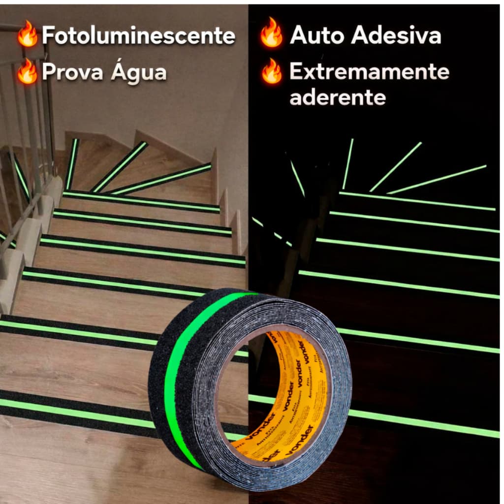 Fita Antiderrapante Escada Noite Fotoluminescente Prova Água Faixa Neon Rampa Degrau Brilha Escuro Adesiva Cola Forte