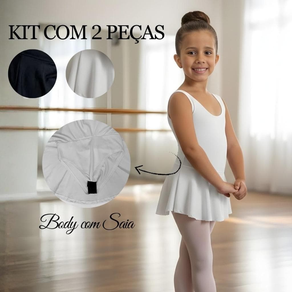 Kit Body Collant + Saia Helanca Balé Menina Volta as Aulas Bailarina - Do P (4) ao GG (10)