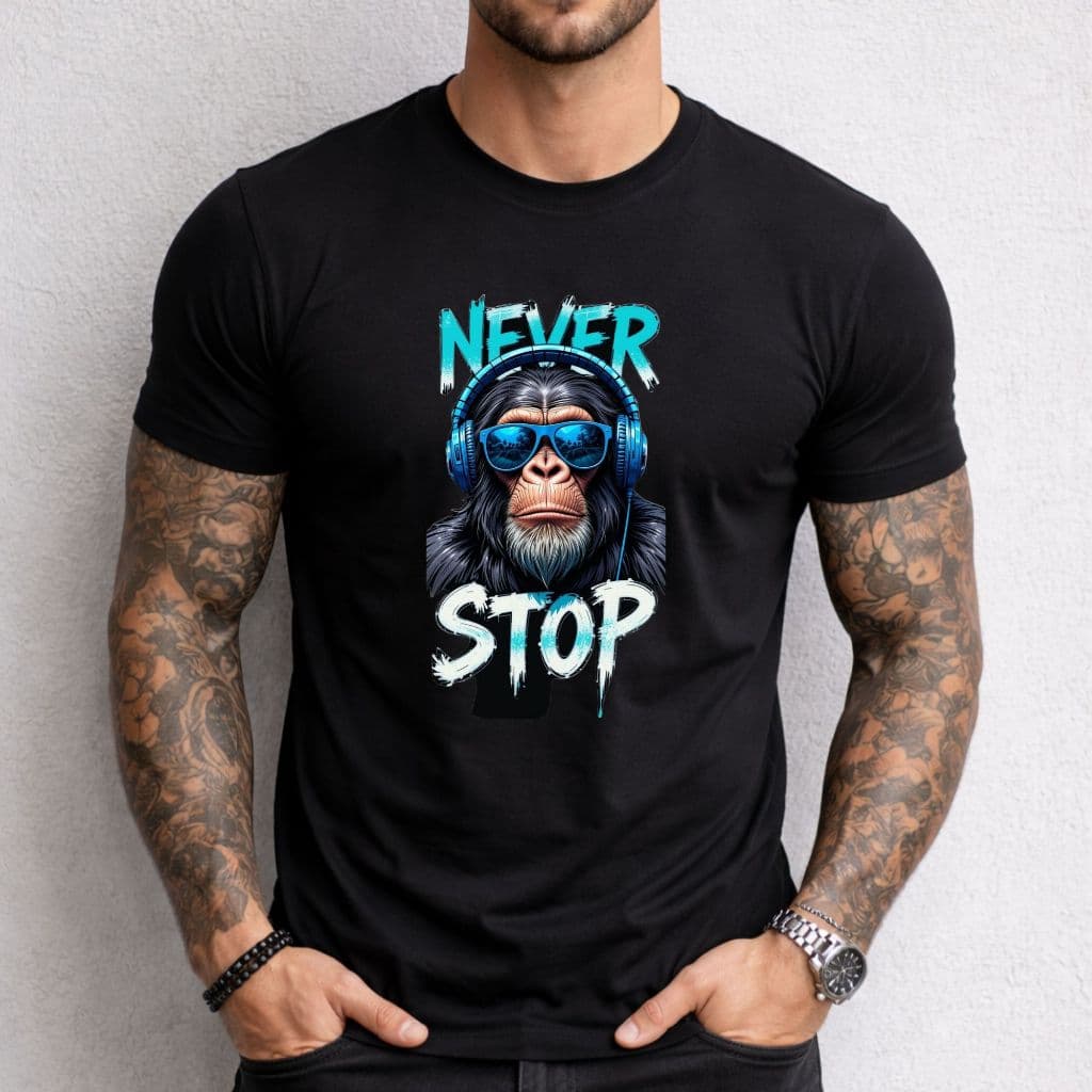 Camiseta Masculina Never Stop Streetwear Macaco Estampada Algodão Moda Urbana Estilosa Unissex