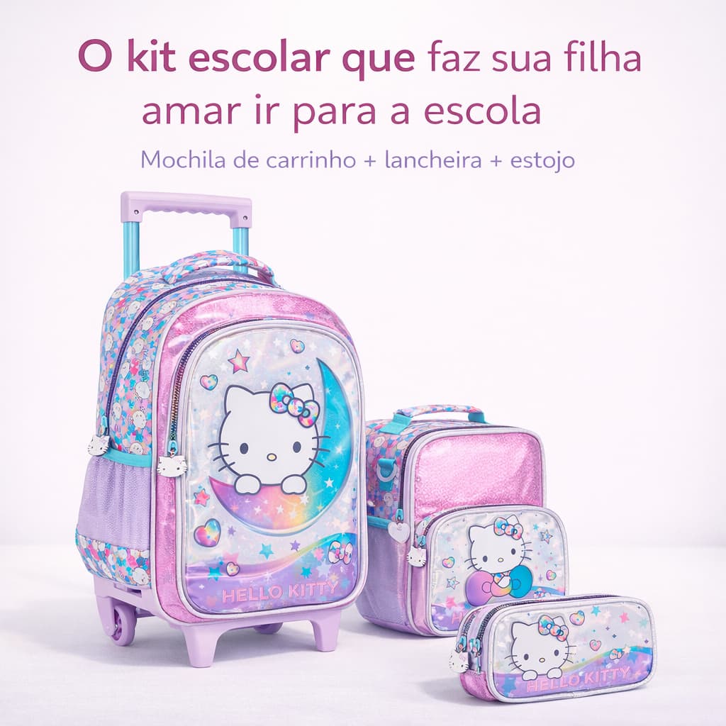 Kit Escolar Mochila De Rodinhas Hello Kitty Glitter Holográfica 3 Peças