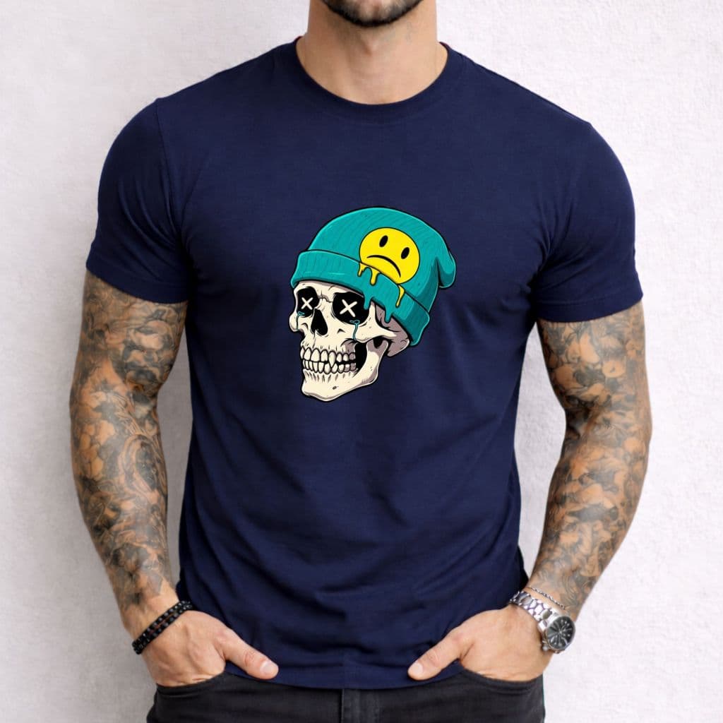 Camiseta Masculina Caveira Com Gorro Estampa Urbana Estilosa