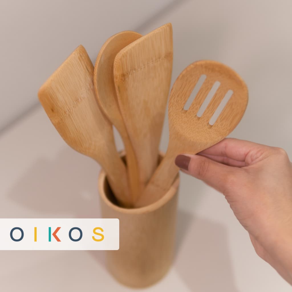 Kit 4 Utensílios Cozinha em Bambu com Suporte - 5 Peças
