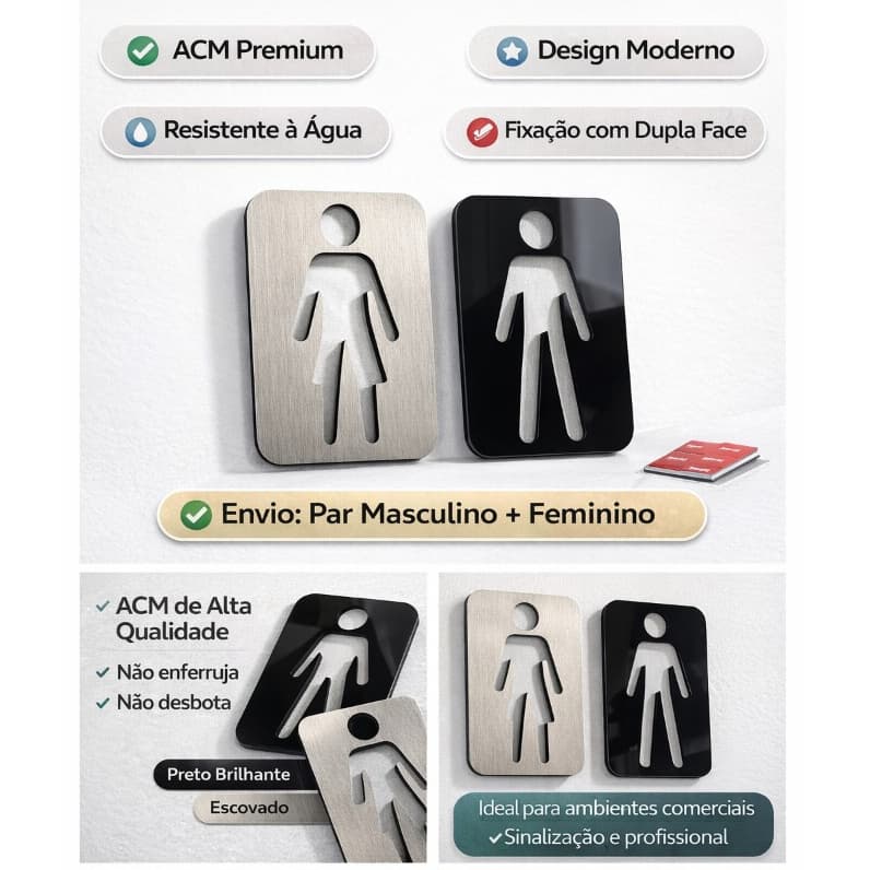 Kit 2 Placas Sinalização Banheiro Em ACM Preto ou Escovado - Design Moderno Premium