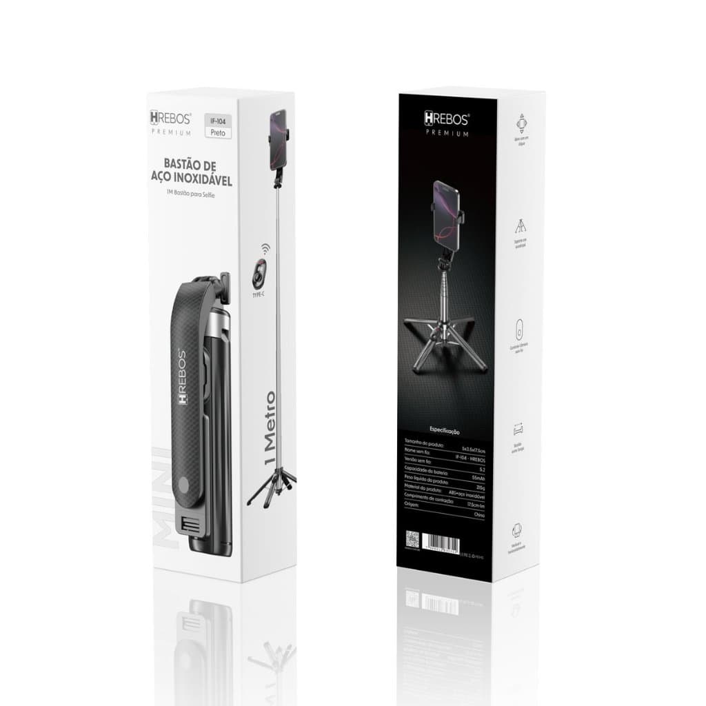 Tripé Bastão Selfie 3 em 1 1m Inox Dobrável c/ Controle Bluetooth Recarregável Universal Android iOS