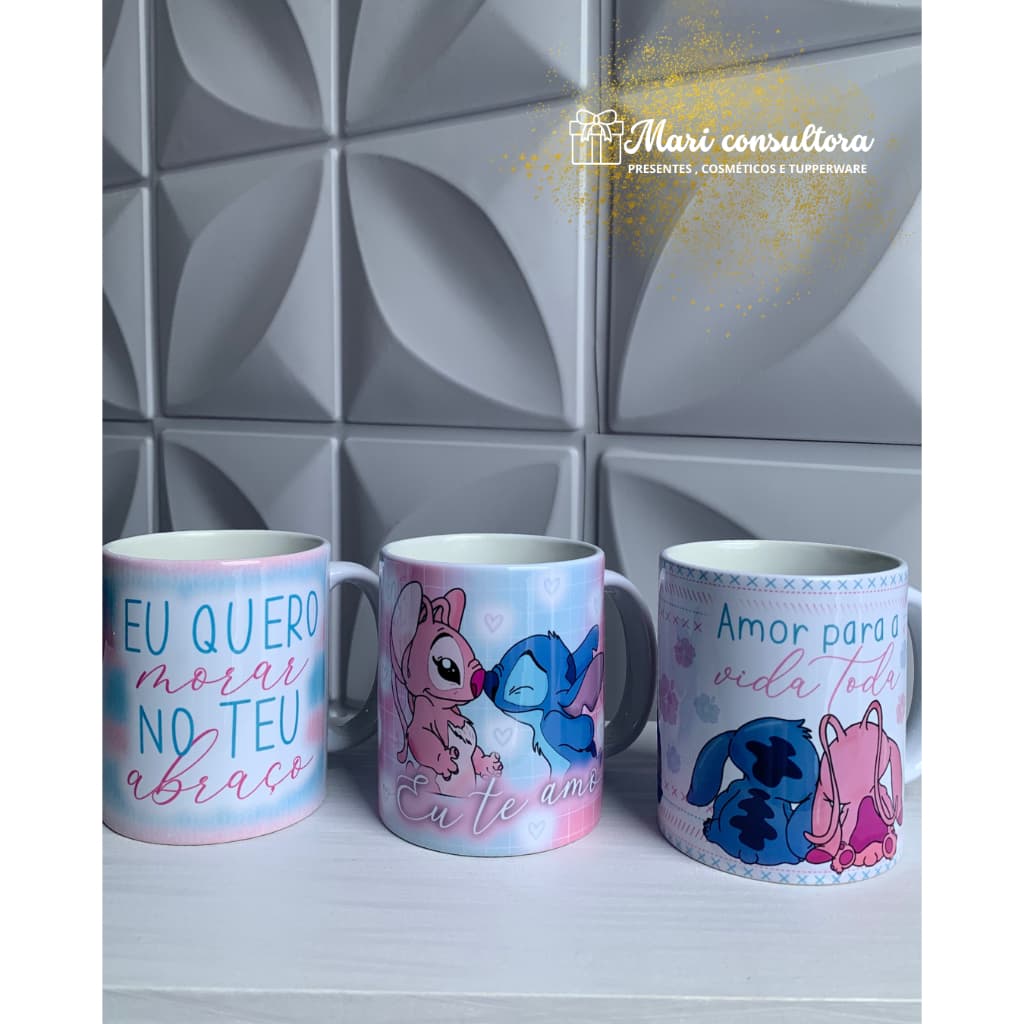 Caneca de Porcelana Lilo e Stitch Xicara Personalizada Stitch e Angel