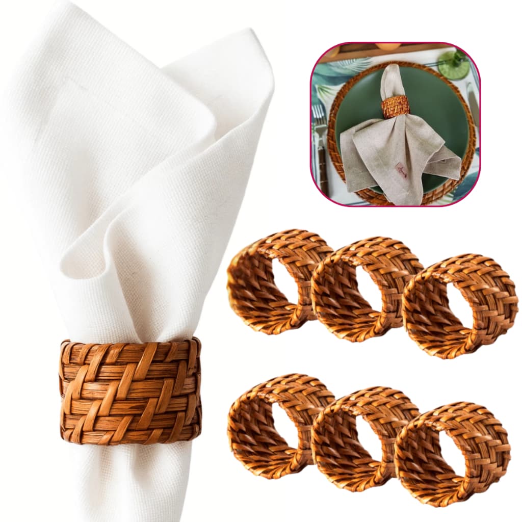 Kit 6 Anéis Para Guardanapo Argola Em Rattan E Bambu Claro Rústico Artesanal Mesa Posta Luxuoso