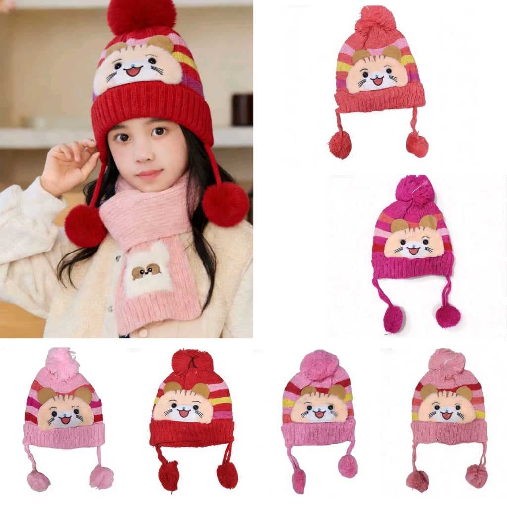 Conjunto infantil de tricô quentinho: Gorro fofo de urso + Luvas listradas, macio e agradável à pele.