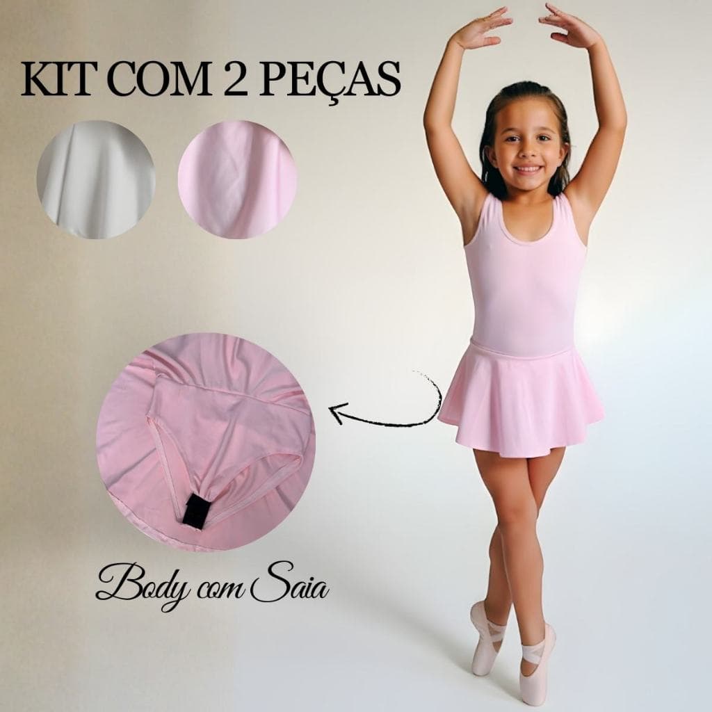 Kit Ballet Infantil Menina Body Regata + Saia Acoplada – Roupa de Balé e Dança P ao GG