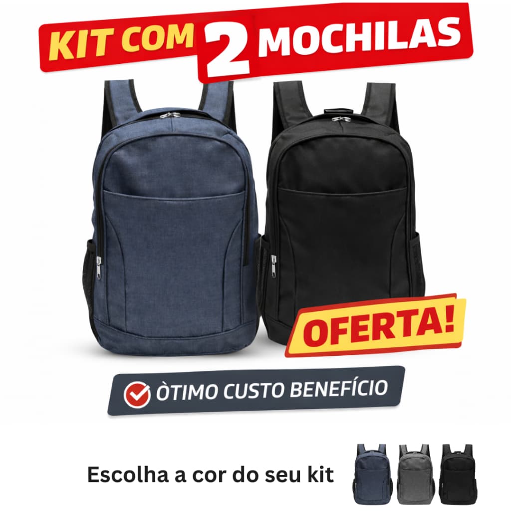 Kit 2 Mochila Escolar Juvenil Unissex Leve Resistente Estilo Casual 18,5"