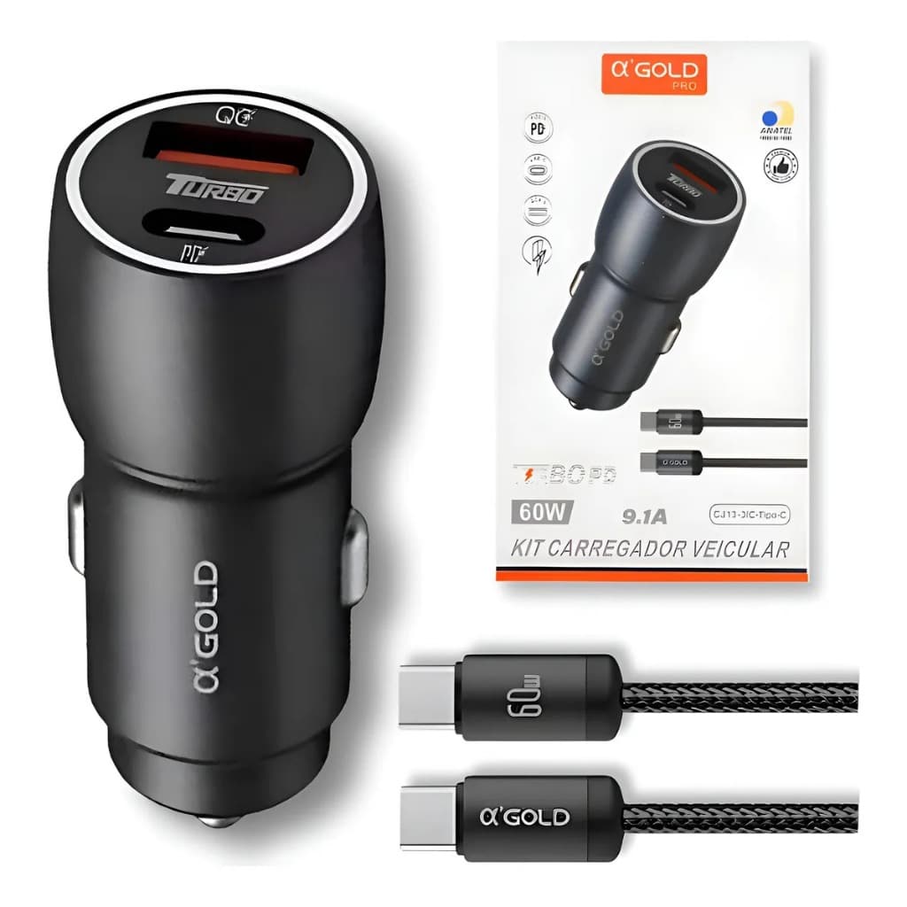 Carregador Veicular Turbo 60w Kit Com Cabo Carro Automotivo Preto