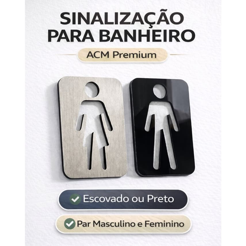 Par Placa Banheiro Sinalização de Porta ACM Preto Brilhante ou Escovado - Design Moderno Premium