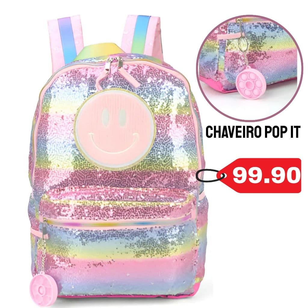 Mochila Infantil Escolar Menina Lantejoulas Smile com Chaveiro Pop It