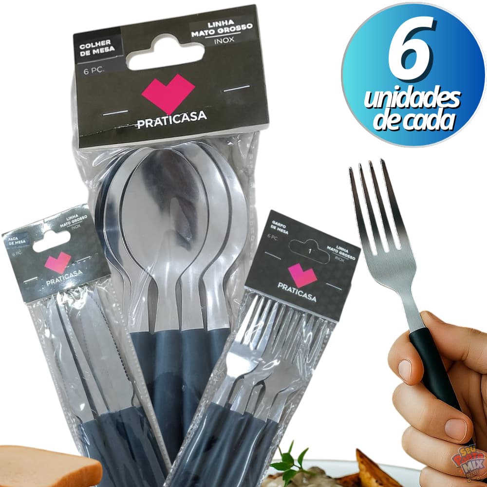 Talheres Inox Preto Linha Mato Grosso – Colher Mesa, Chá, Garfo ou Faca - 6 Unidades Cada