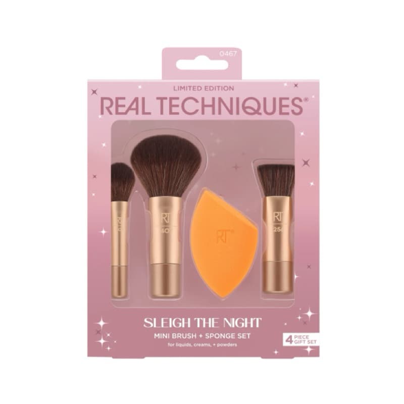 Real Techniques - Kit Sleigh The Night Original - 3 Mini Pincéis + Esponja - Edição Limitada - Base, Pó