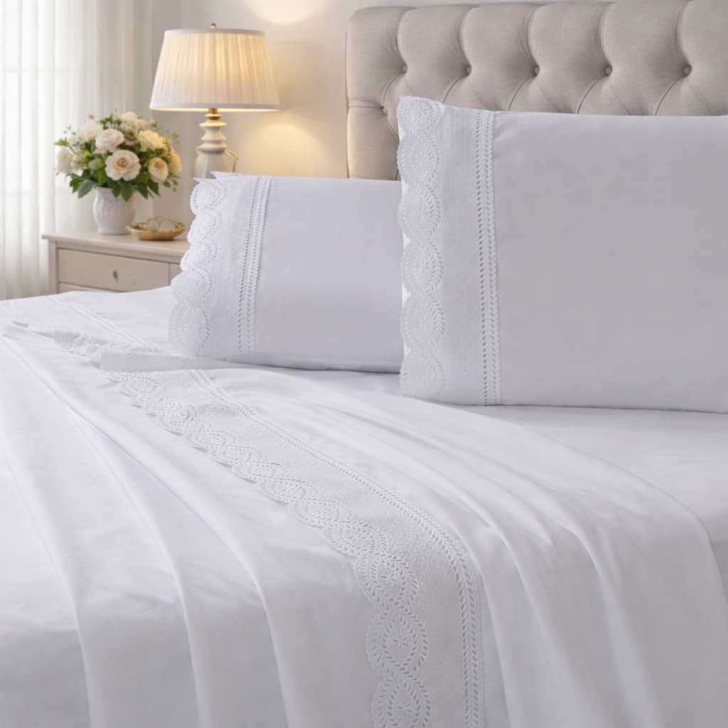 Jogo de Lençol Casal e King 400 Fios 4 Peças Bordado Inglês Roupa de Cama Aveludado