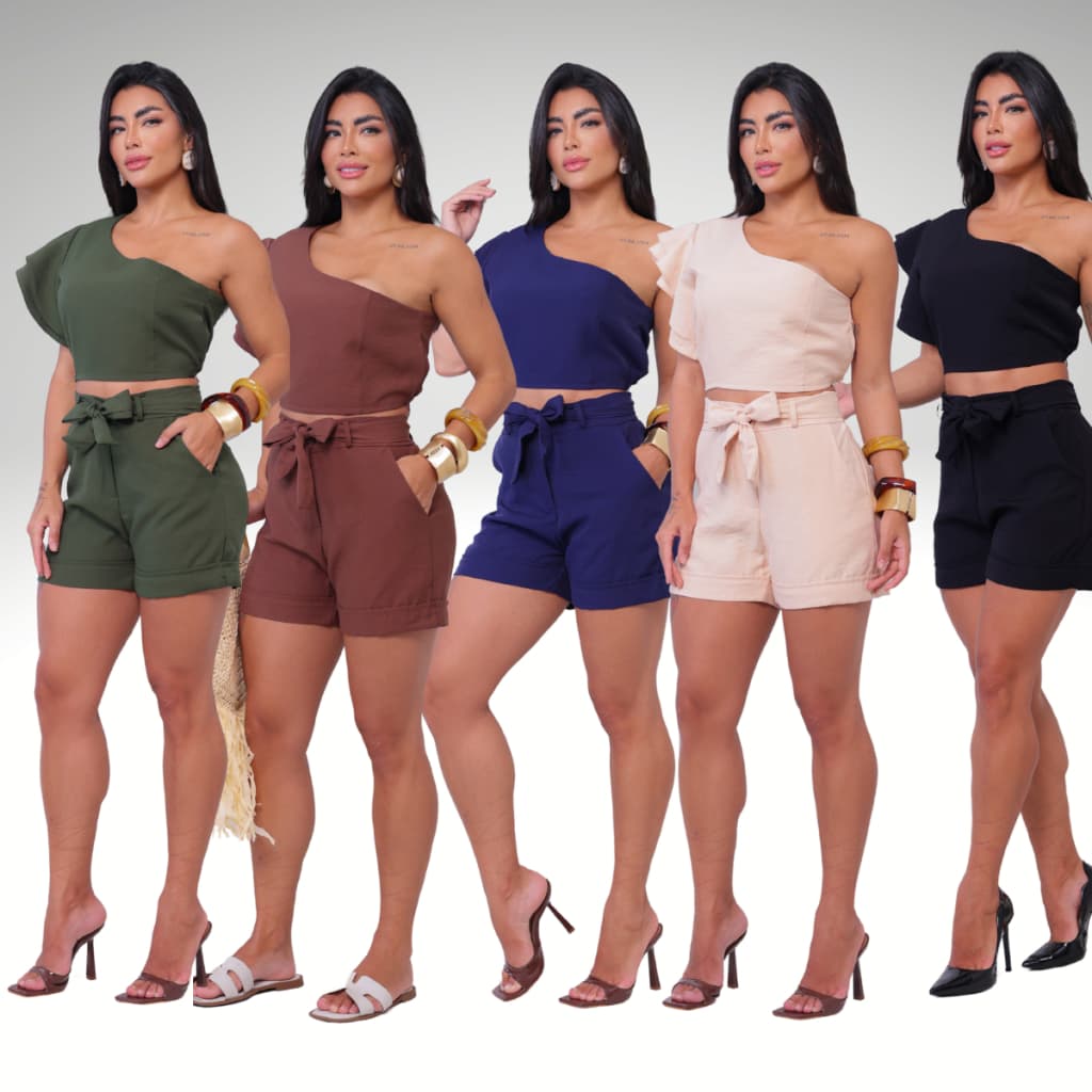 Conjunto Feminino Short e Cropped Nula Manca Forro Duplo Clássico Alfaiataria Marrant Tedência