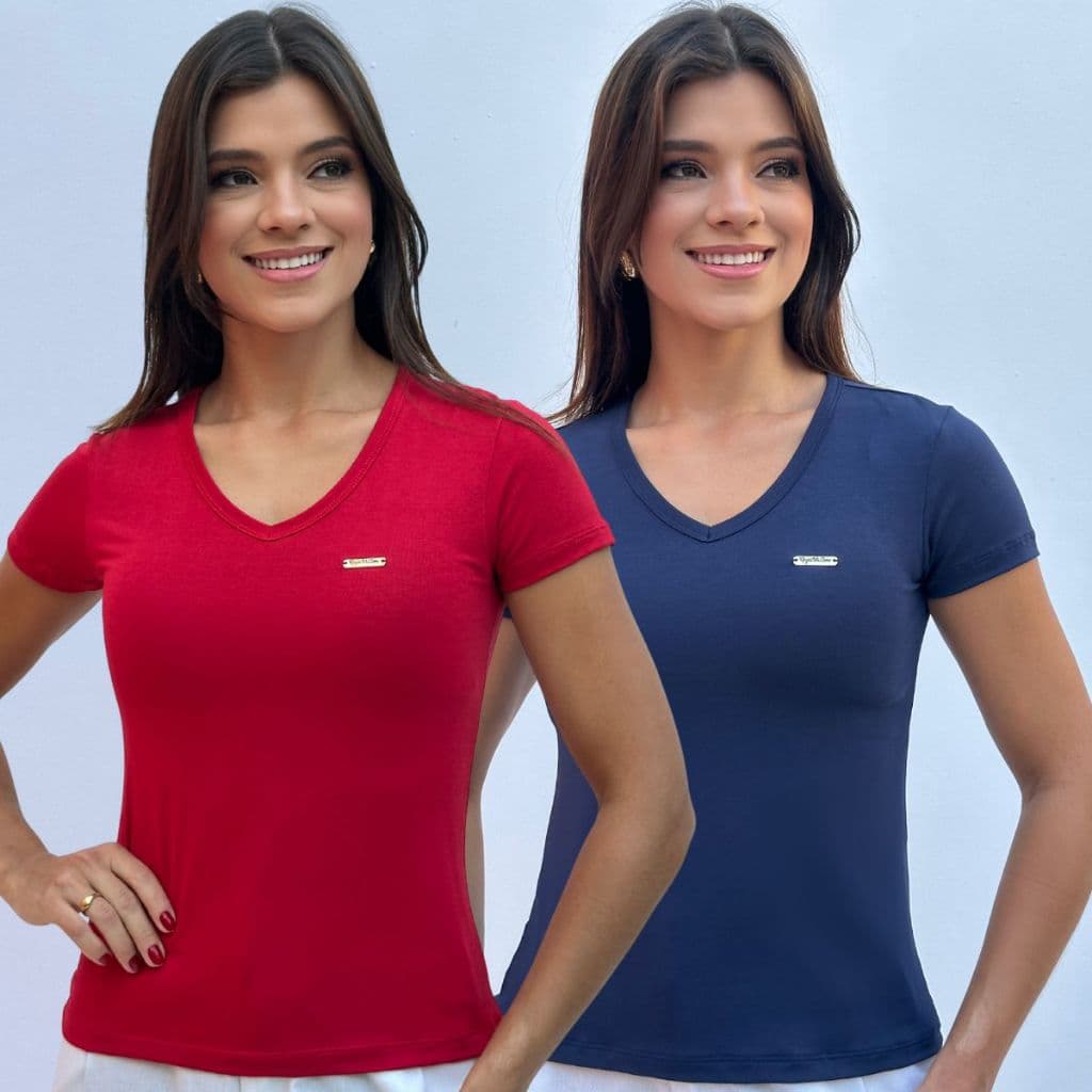 Kit 2  Baby Look Blusa Feminina Básica Gola V em Viscolycra Manga Curta Conforto e Estilo