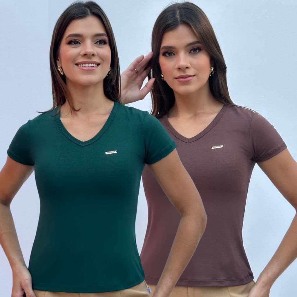 Kit 2 Blusas Básicas Femininas Gola V em Viscolycra  Baby Look Manga Curta Casual Dia a Dia