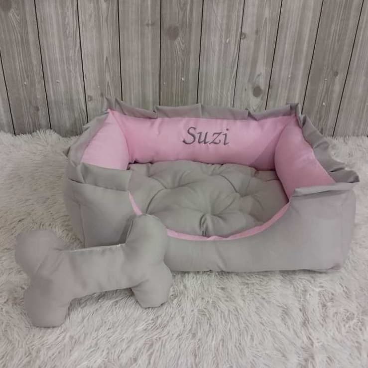 Cama Pet Rosa Cachorro Almofada Cinza Personalizada Caminha Com Ziper Mini Ossinho Brinquedo Caes