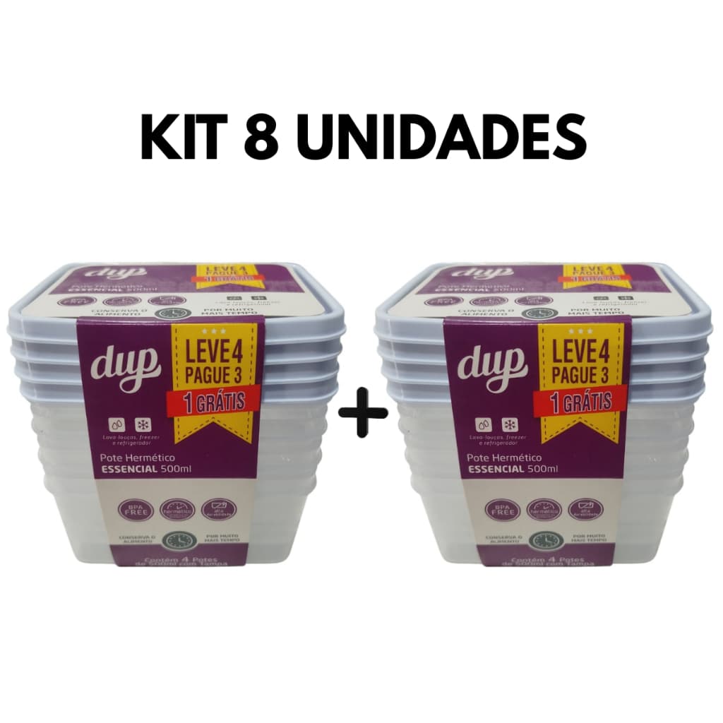 Kit 8 Potes Herméticos DUP Essencial 500ml Plástico Livre de BPA Freezer Micro-ondas