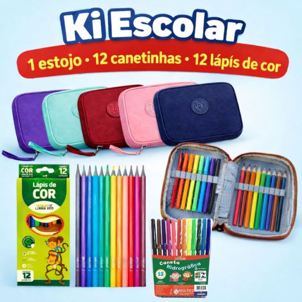 Kit Escolar Estojo Grande 2 Divisórias + Canetinha 12 cores + Lápis de cor 12 Cores Volta as Aulas