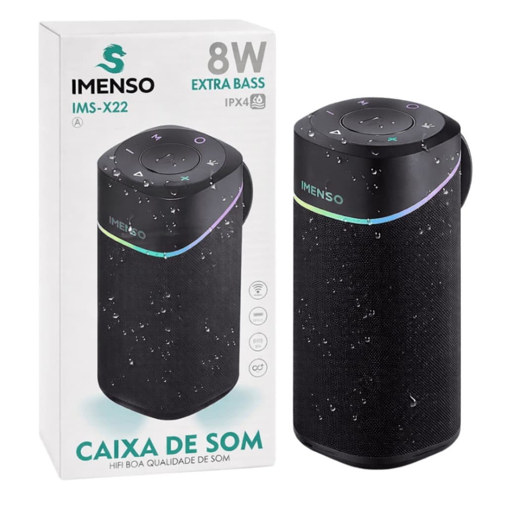 Original Caixa de Som Imenso IMS-X22 Bluetooth 8W Extra Bass IPX4 Portátil com Bateria recarregável