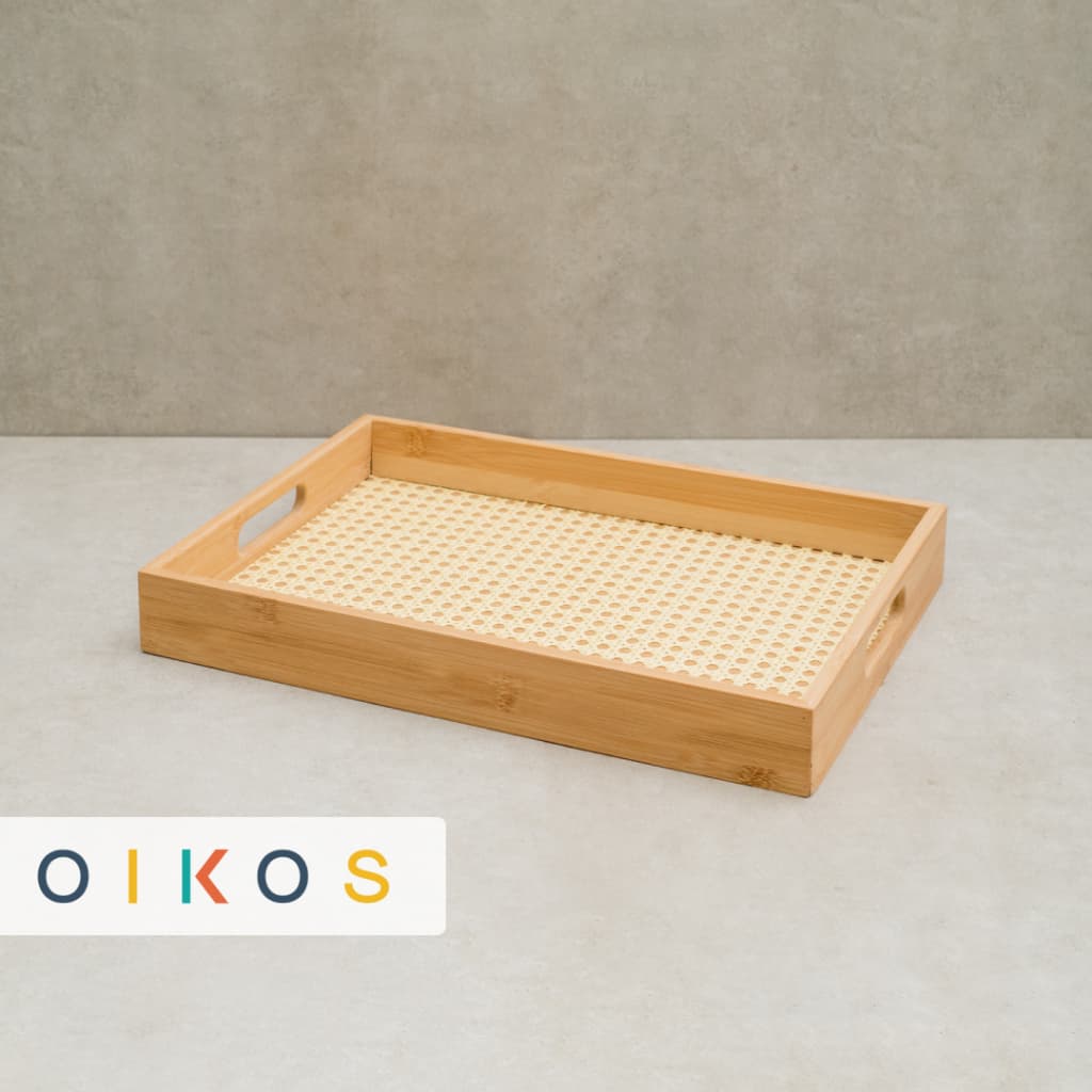 Bandeja Organizadora em Bambu e Palha Natural Indiana Aparador Decorativa Retangular 39cm - Oikos