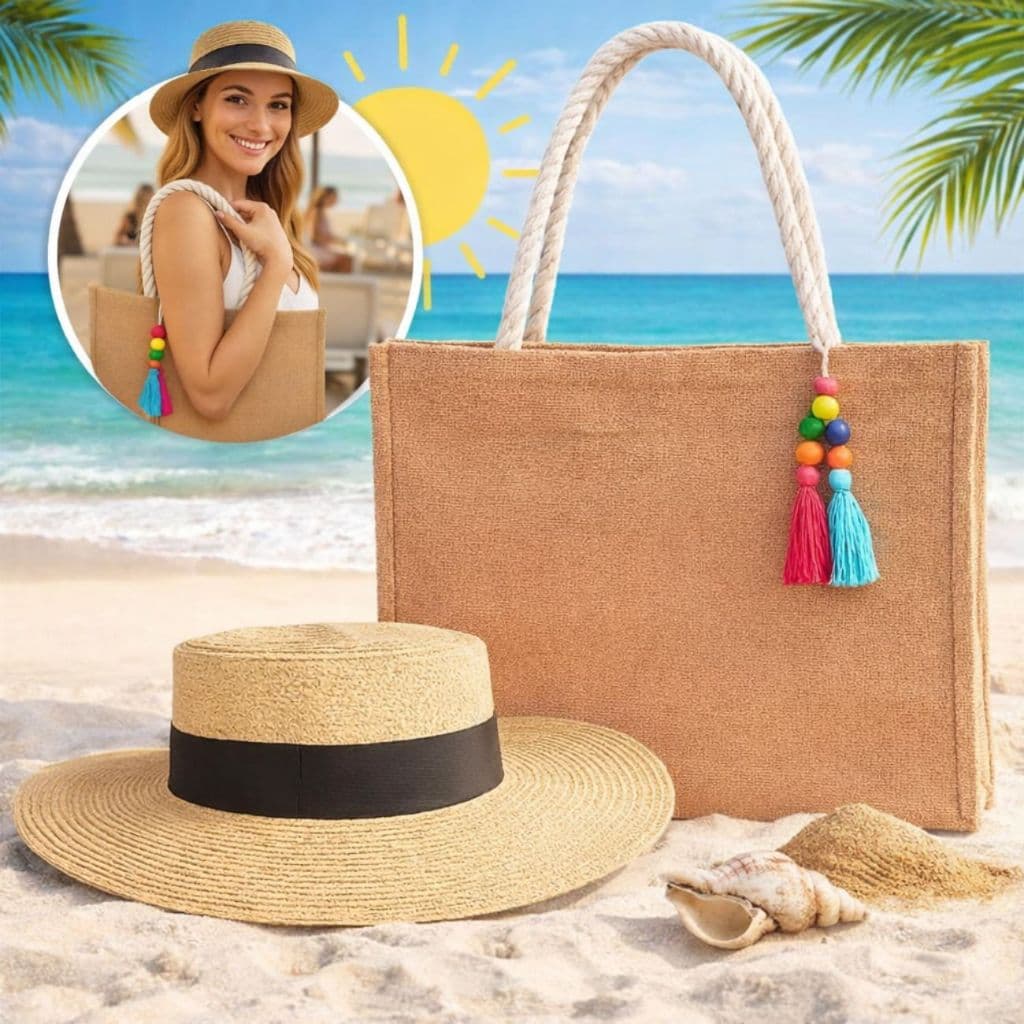 Bolsa de Praia Feminina Grande Espaçosa Com Alça de Corda + Chapéu Paris  Kit Verão - Envio Imediato