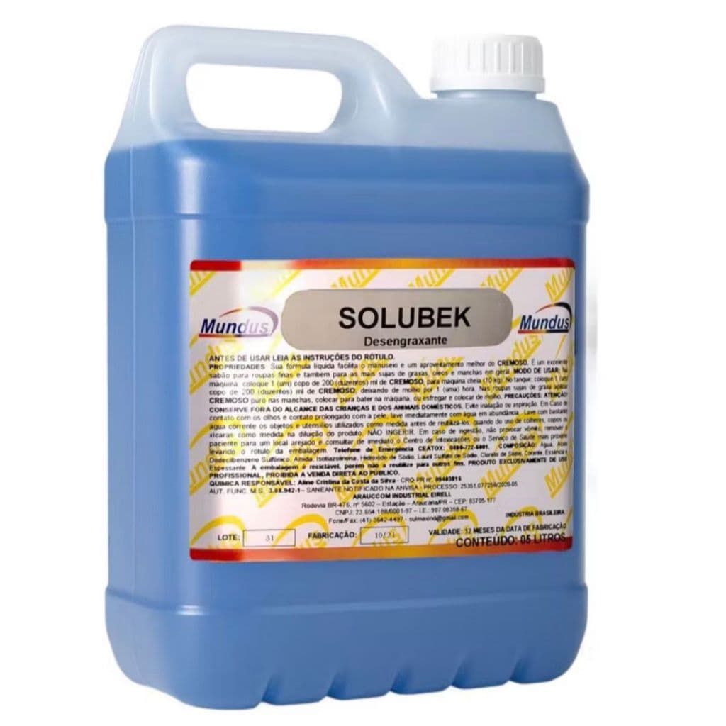Solubek Mundus 5L Desengraxante Alcalino - Ouro Azul Das Lavanderias Automotivas Rende 100 Litros Original
