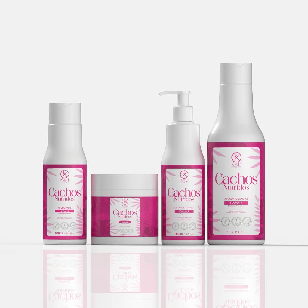 Creme Cabelo Cacheado Ativador de Cachos 1L + Gelatina + Shampoo + Máscara Cachos 500g Óleo de Coco