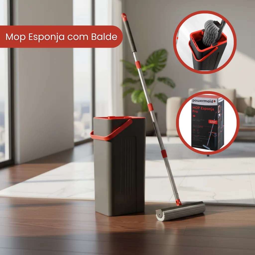 Mop Esponja PVA Com Balde Limpeza Rápida e Base Flexível Cabo em Aço Inox - 125 cm