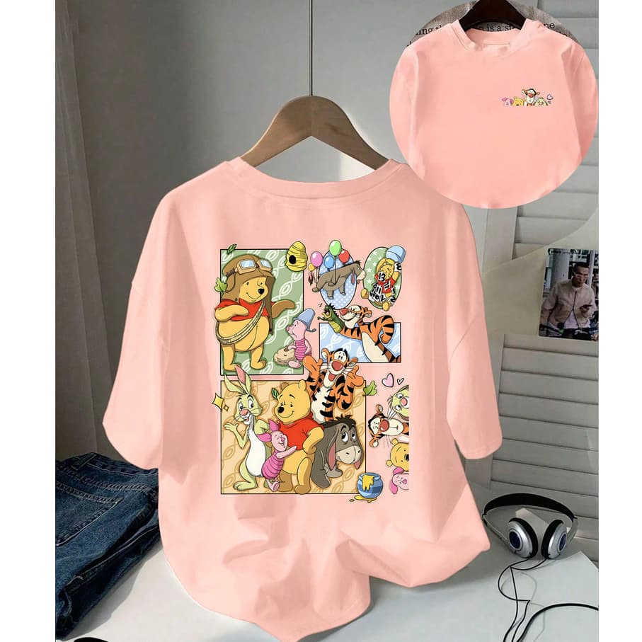 T-shirt clássica de desenho animado Winnie the Pooh Partners com impressão dupla face | Top casual de