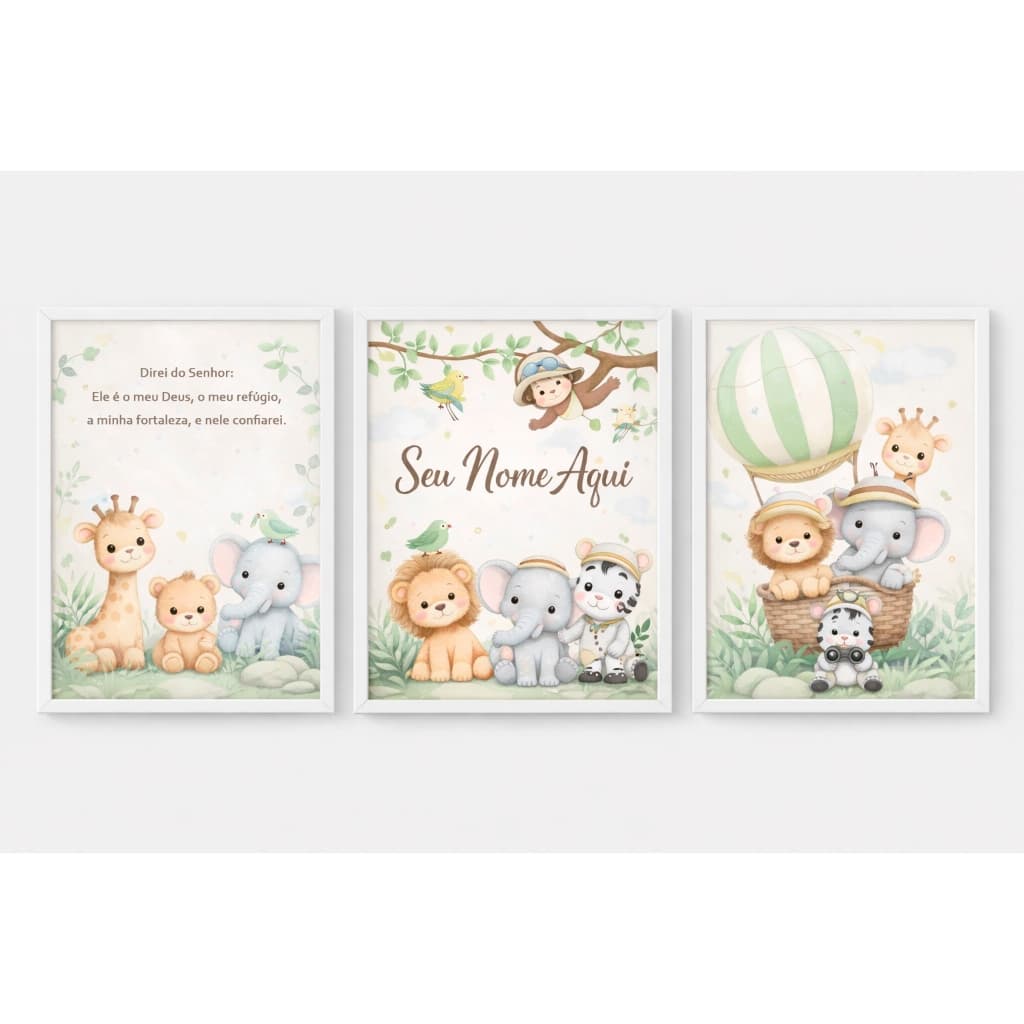 Quadro Decorativo 3p nome personalizado safari salmo decoração infantil