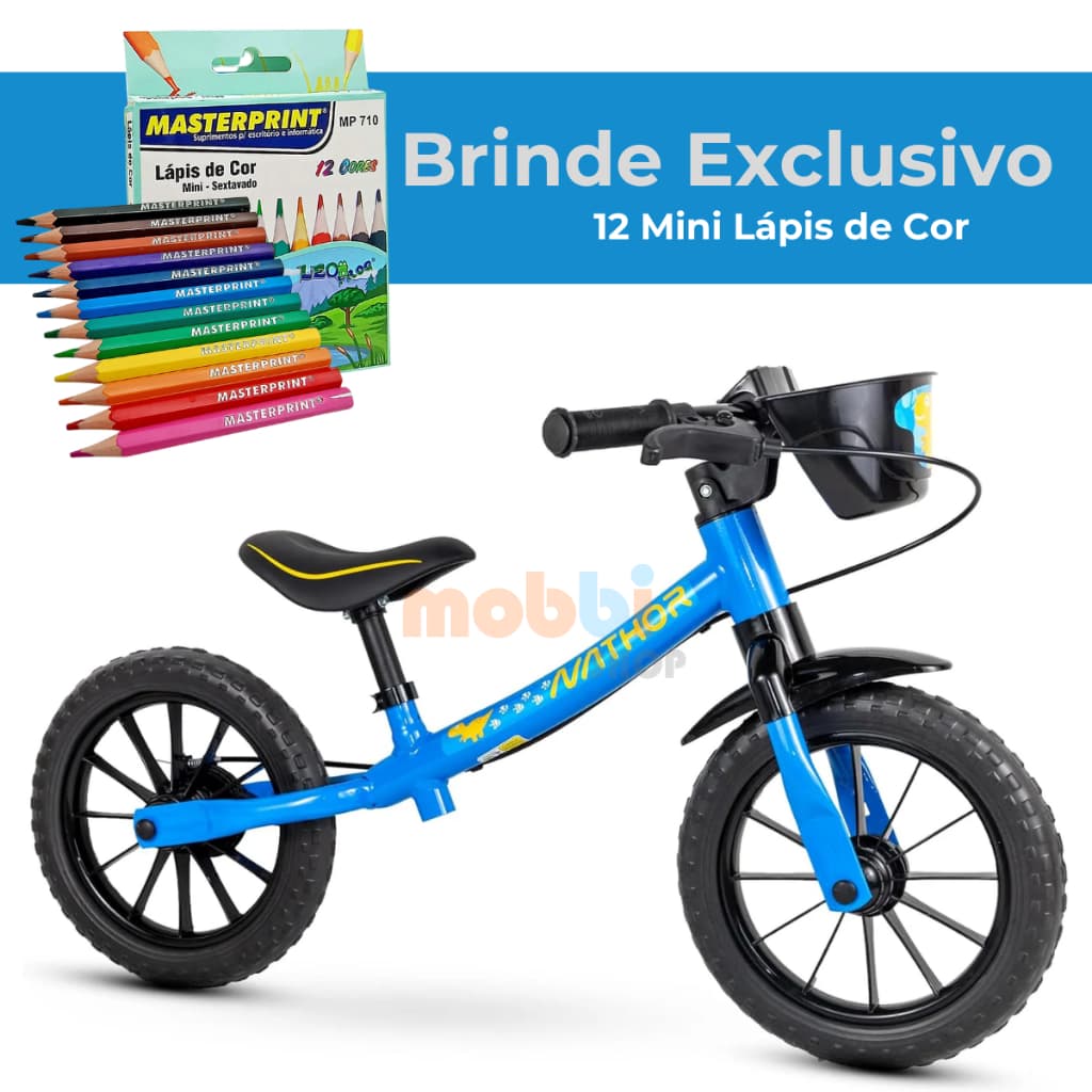 Bicicleta de Equilíbrio Nathor Aro 12 - Azul Dino + Brinde Mini Lápis de Cor