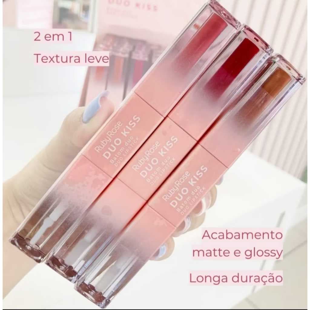 Batom Líquido Ruby Rose Duo Kiss Matte 2 em 1 Alta Cobertura Com Gloss