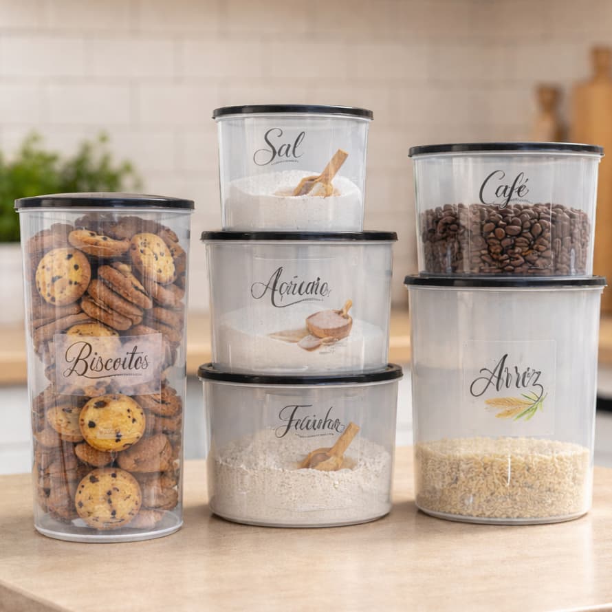 Conjunto 6 potes grande tampa nome mantimento conservar alimentos guardar armário cozinha multiuso