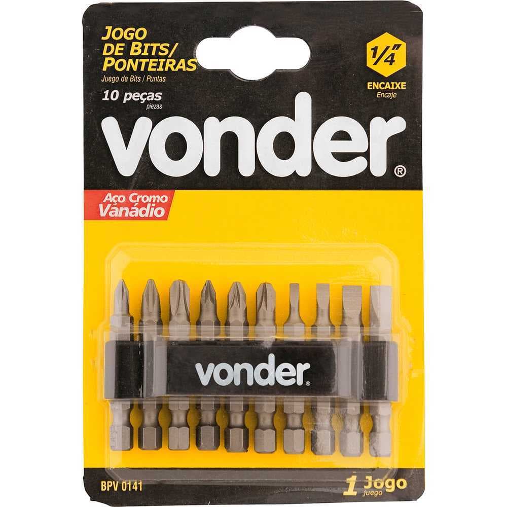 Jogo de bits e ponteiras com 10 peças com encaixe sextavado de 1/4" Vonder