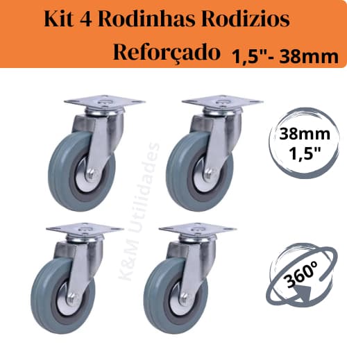 Kit Conjunto com 4 Rodinhas 1,5" 38mm  Rodízios Reforçado Giro 360º Suporte para Móveis