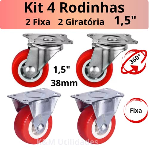 Kit 4 Rodízios Rodas Giro 360º 1,5" 38 mm Reforçado Suporte para Móveis Rodinhas para Móveis