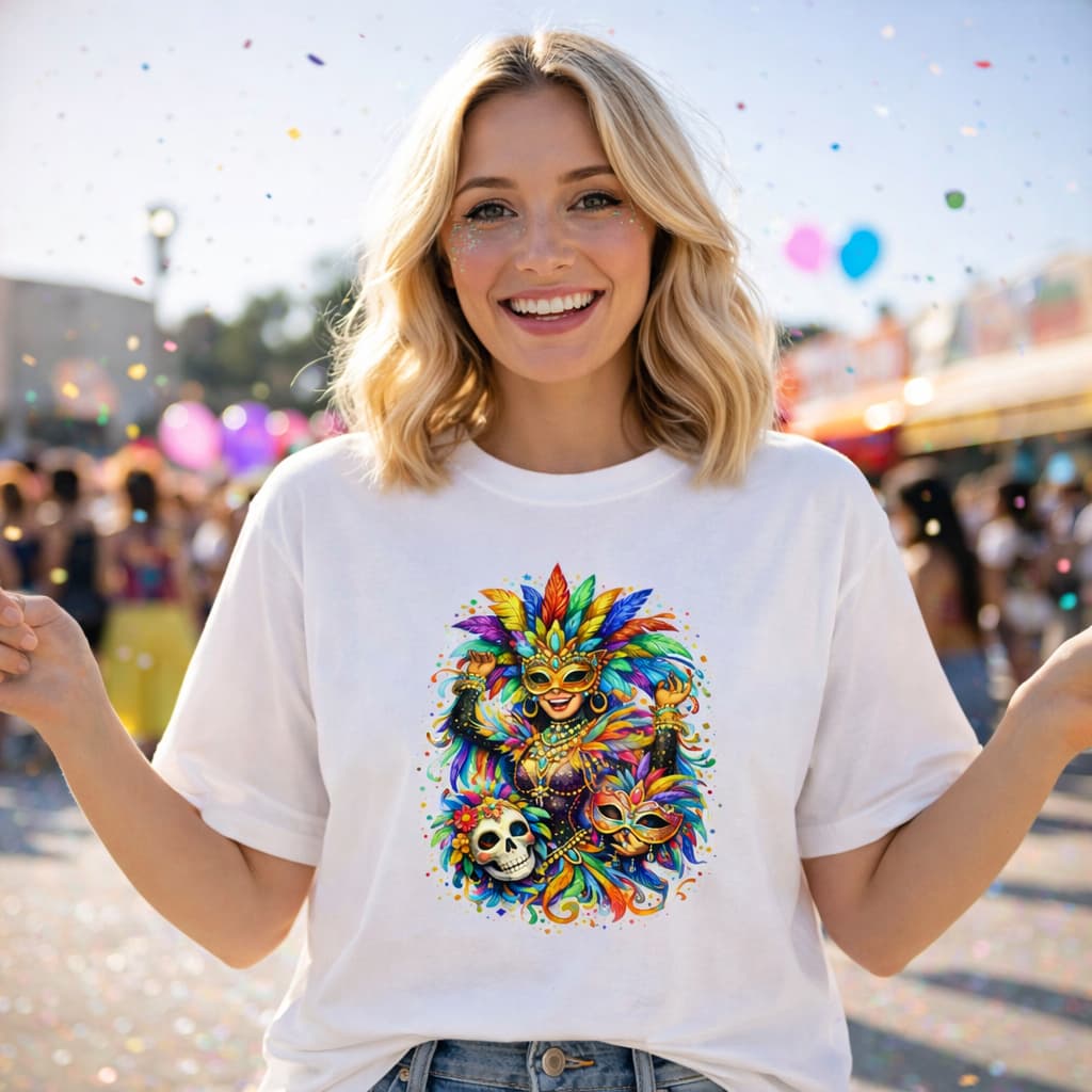 Camiseta Carnaval 2026 Feminina Estampada Máscara Colorida Algodão Carnaval Bloquinho